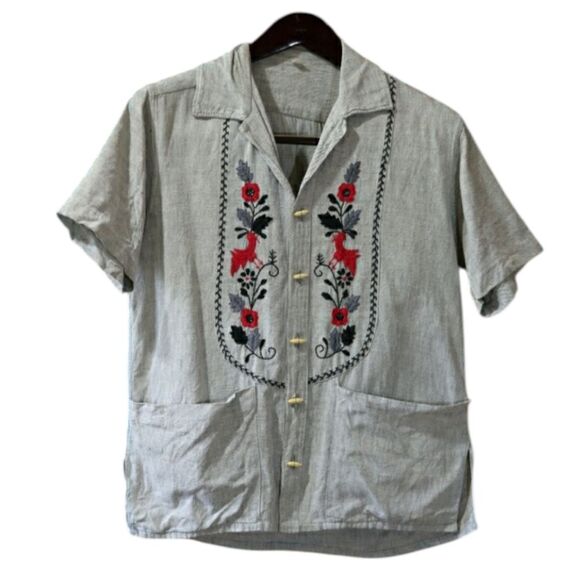 Vintage Linen Red Embroidered Gray Button Down Shirt Relaxed Fit Medium - Picture 1 of 9